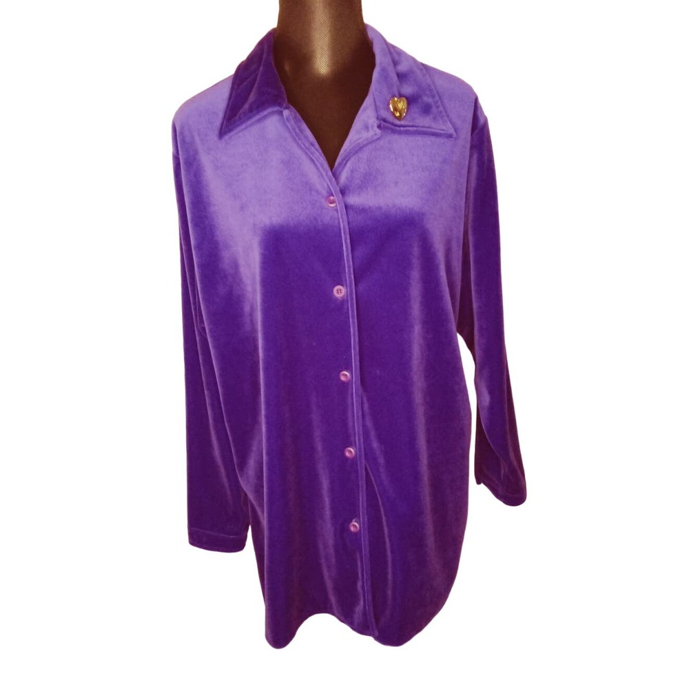 Diane Von Furstenburg Vintage Purple Velour Long-Sleeve Button Up Blouse - L